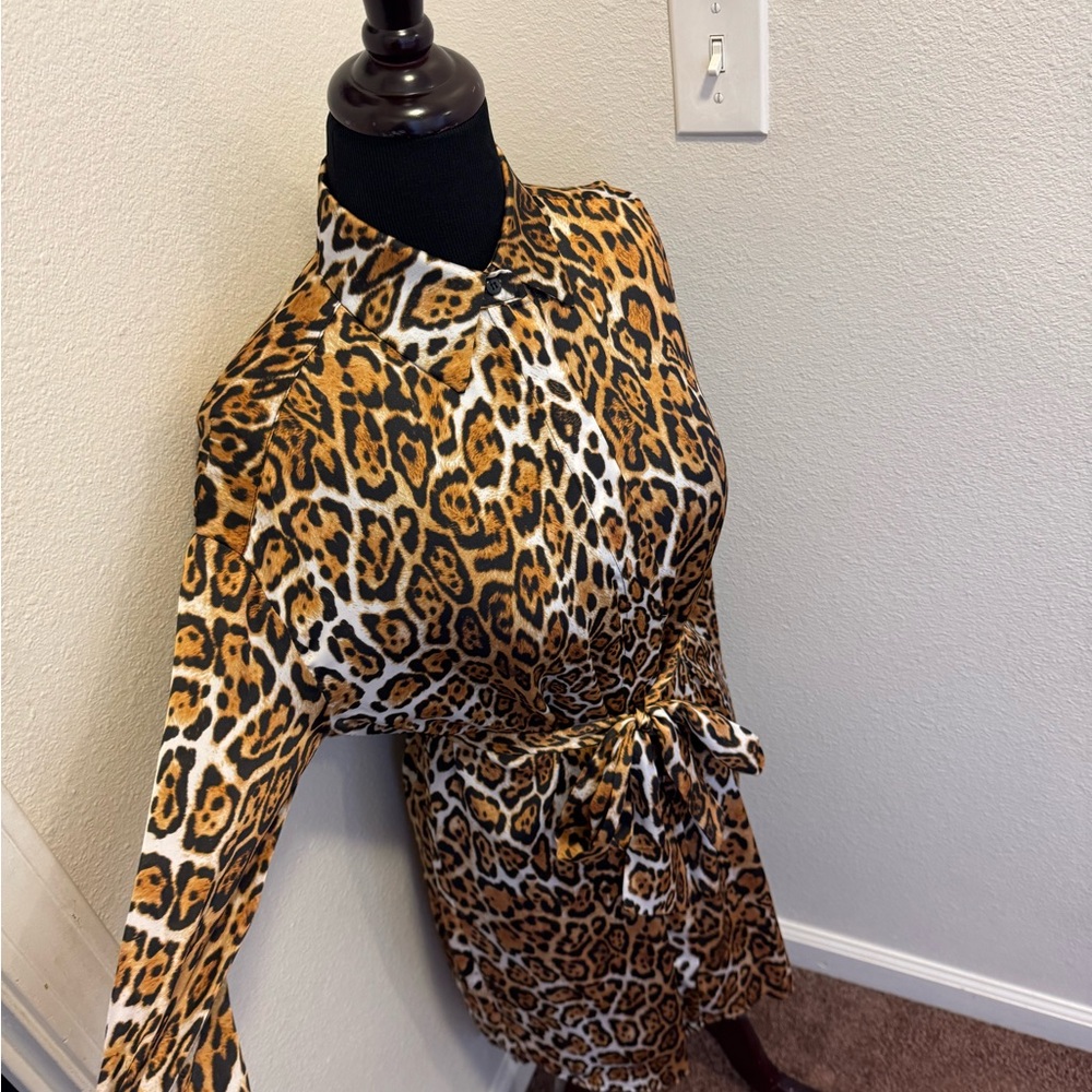 Boston Proper Animal Cheetah Print Satin Shirt Dress Belted Tie Front XS S - Picture 8 of 9